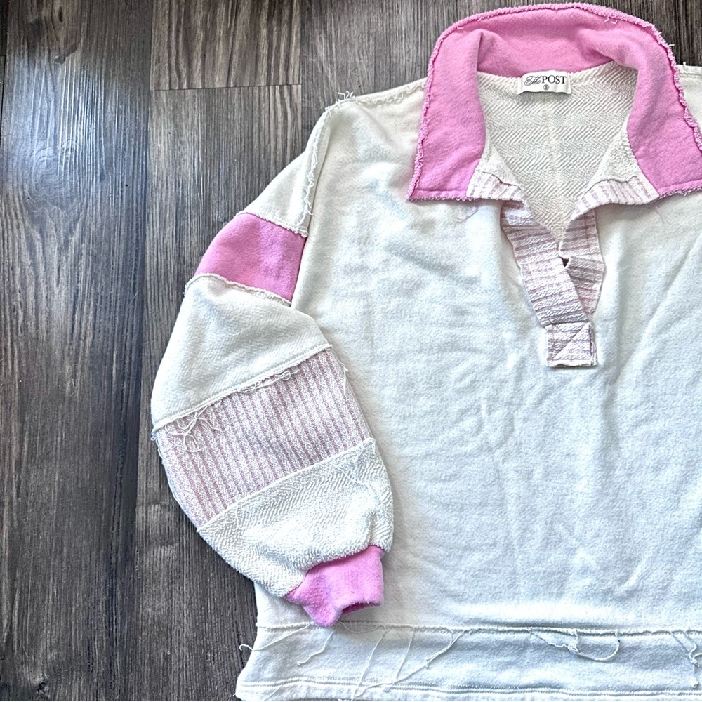 The POST Patchwork Pink & Cream Rugby Pullover – Raw Hem – Size S - Picture 8 of 10